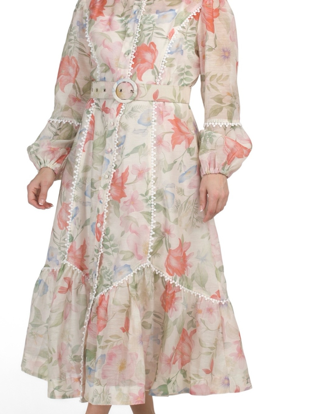 Romantic Floral Midi Dress with Belt in Cream and Coral